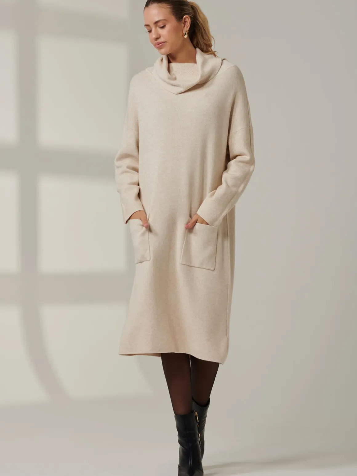Knitted Turtleneck Longline Jumper, Beige Heather