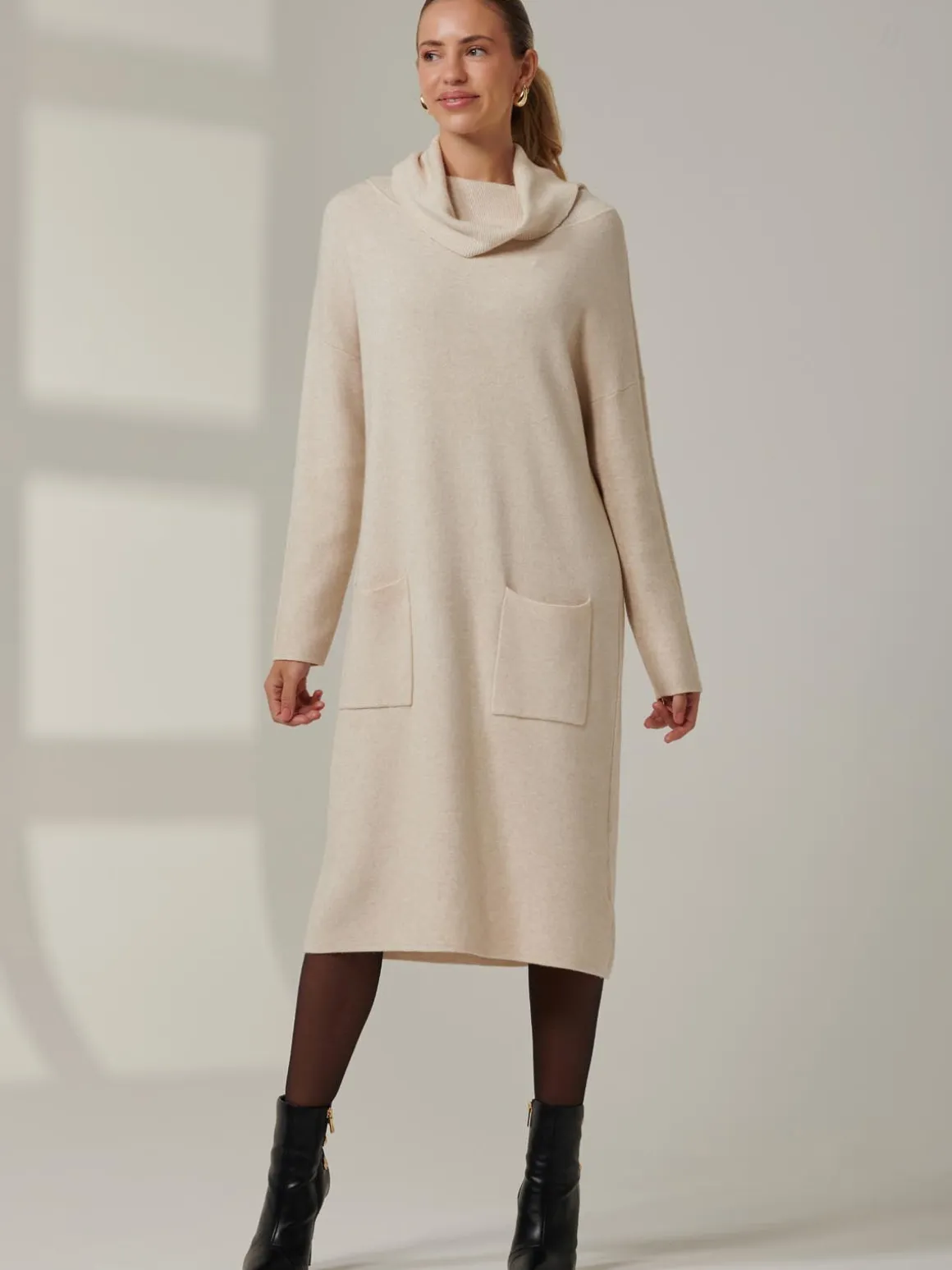 Knitted Turtleneck Longline Jumper, Beige Heather