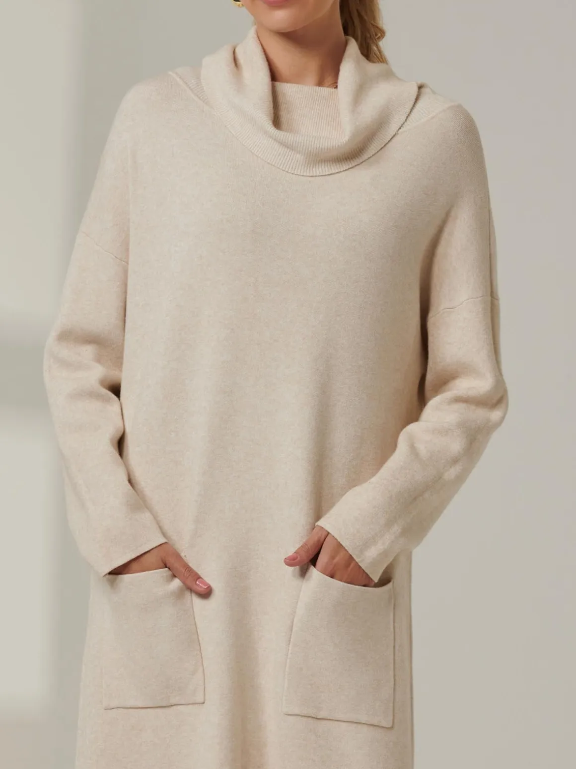 Knitted Turtleneck Longline Jumper, Beige Heather