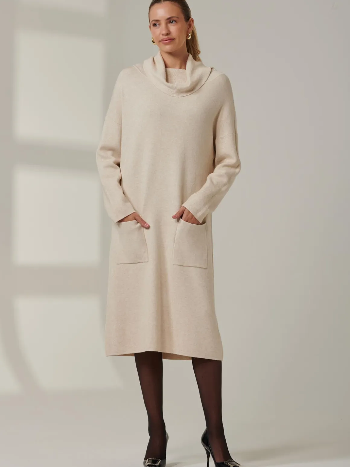 Knitted Turtleneck Longline Jumper, Beige Heather