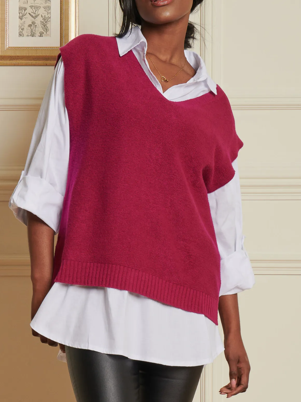 Knitted V-Neck Jumper Vest, Fuschia