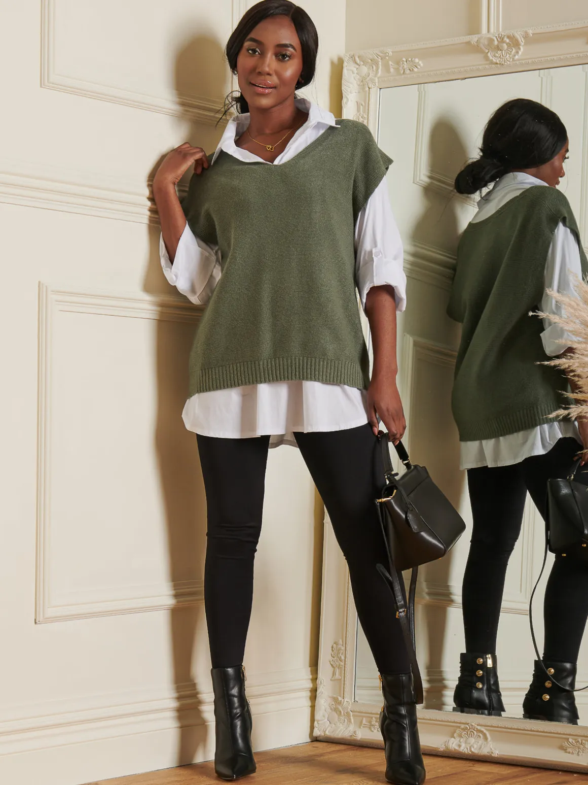Knitted V-Neck Jumper Vest, Soldier Green