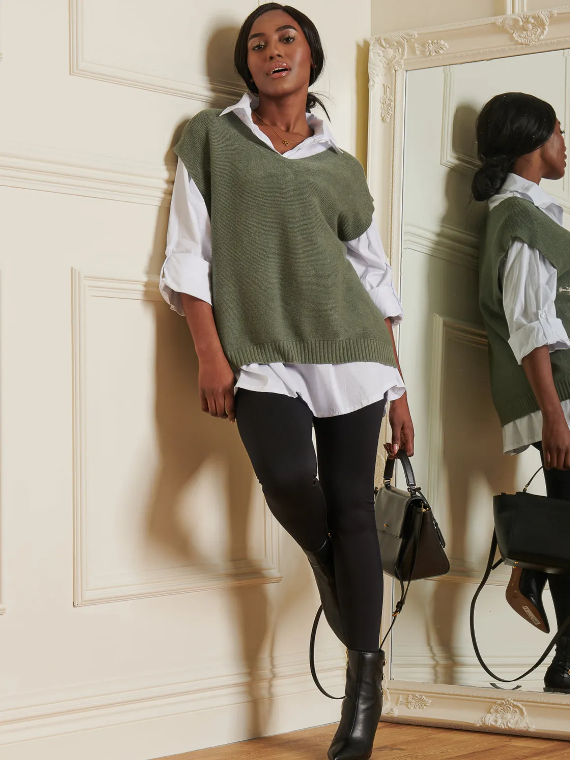 Knitted V-Neck Jumper Vest, Soldier Green