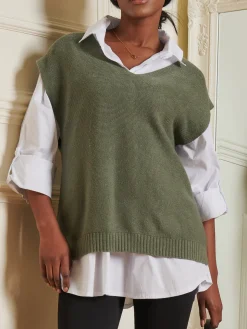 Knitted V-Neck Jumper Vest, Soldier Green
