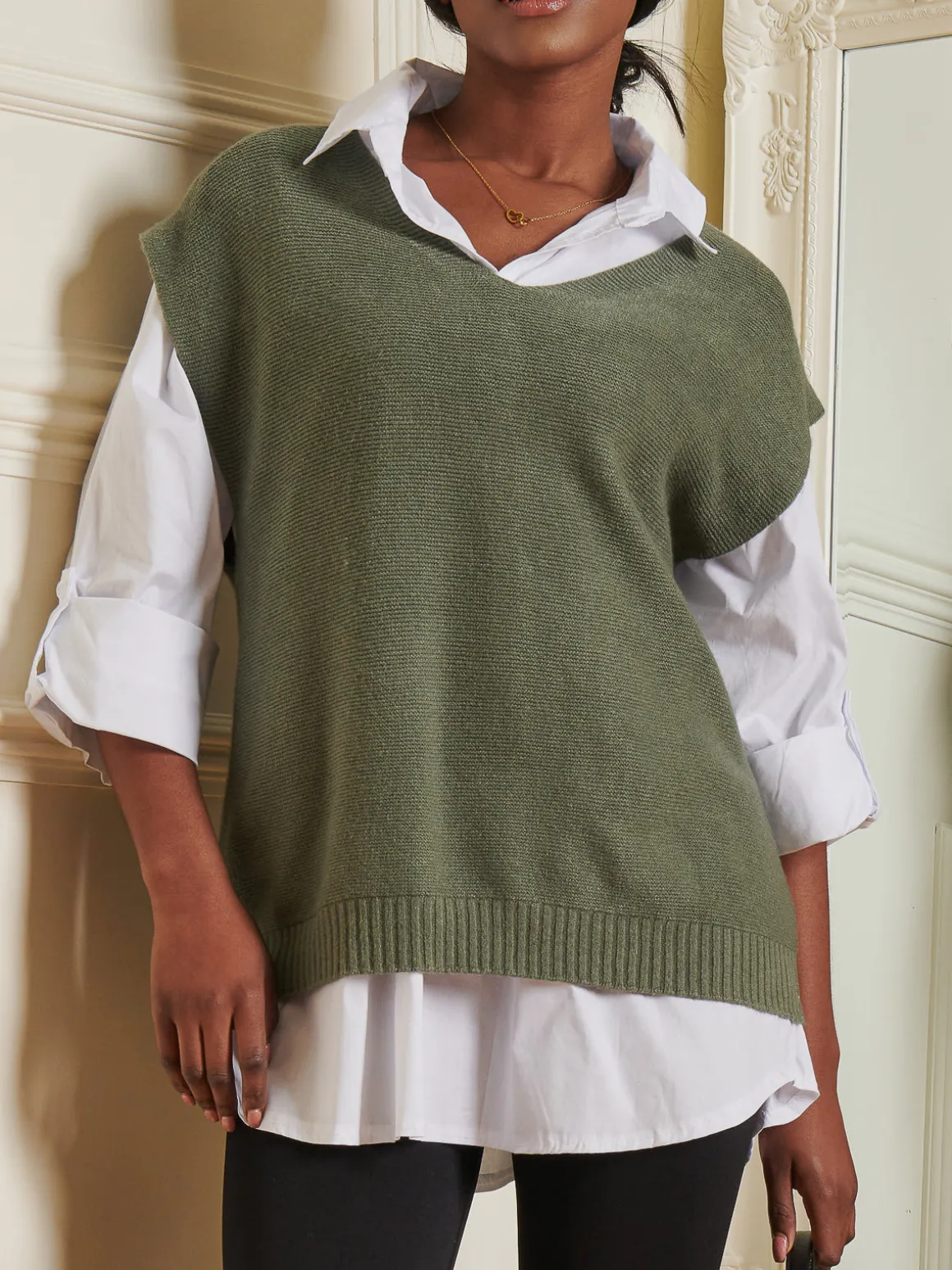 Knitted V-Neck Jumper Vest, Soldier Green