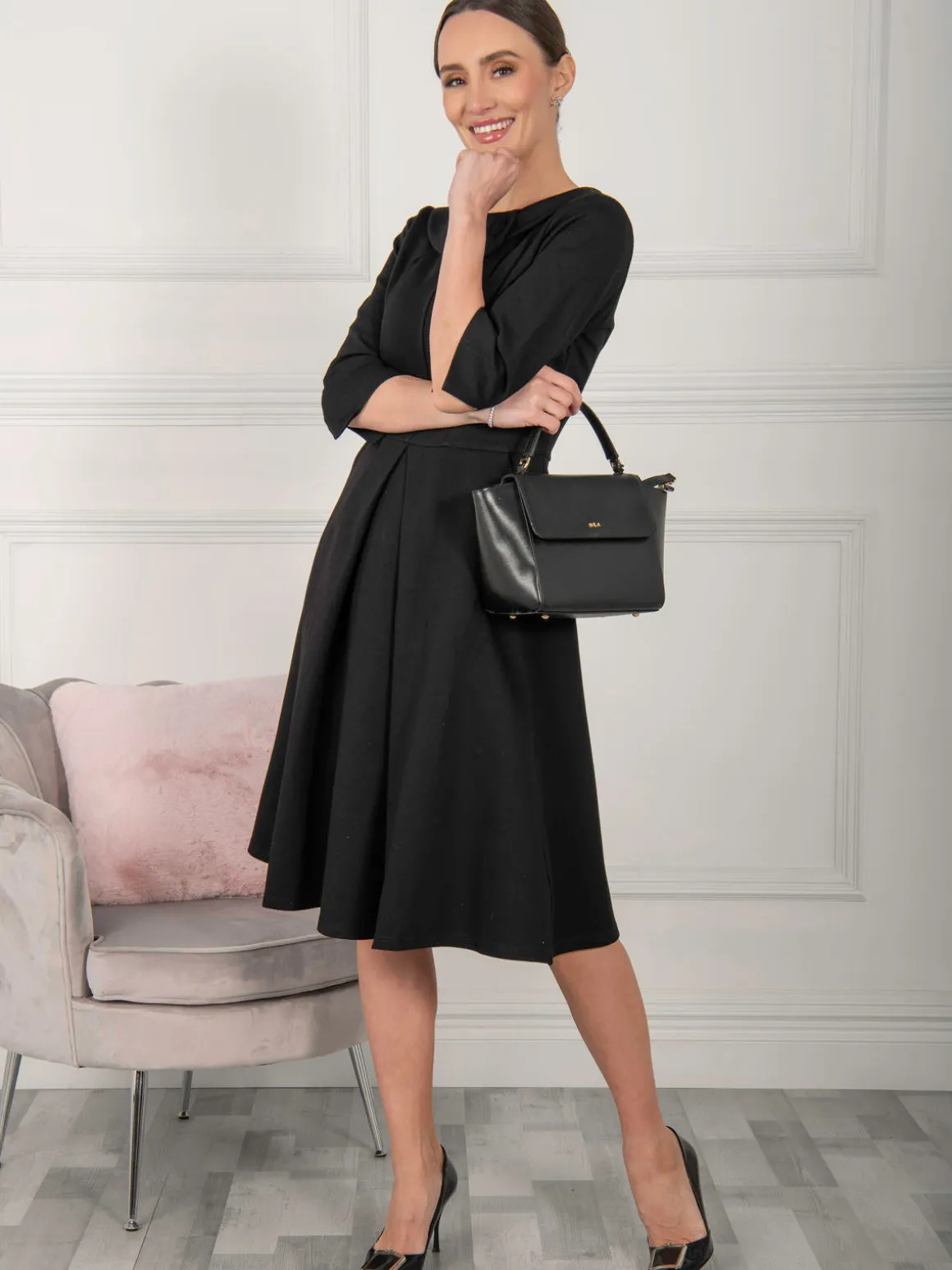 Kyndall 3/4 Sleeve Midi Dress, Black
