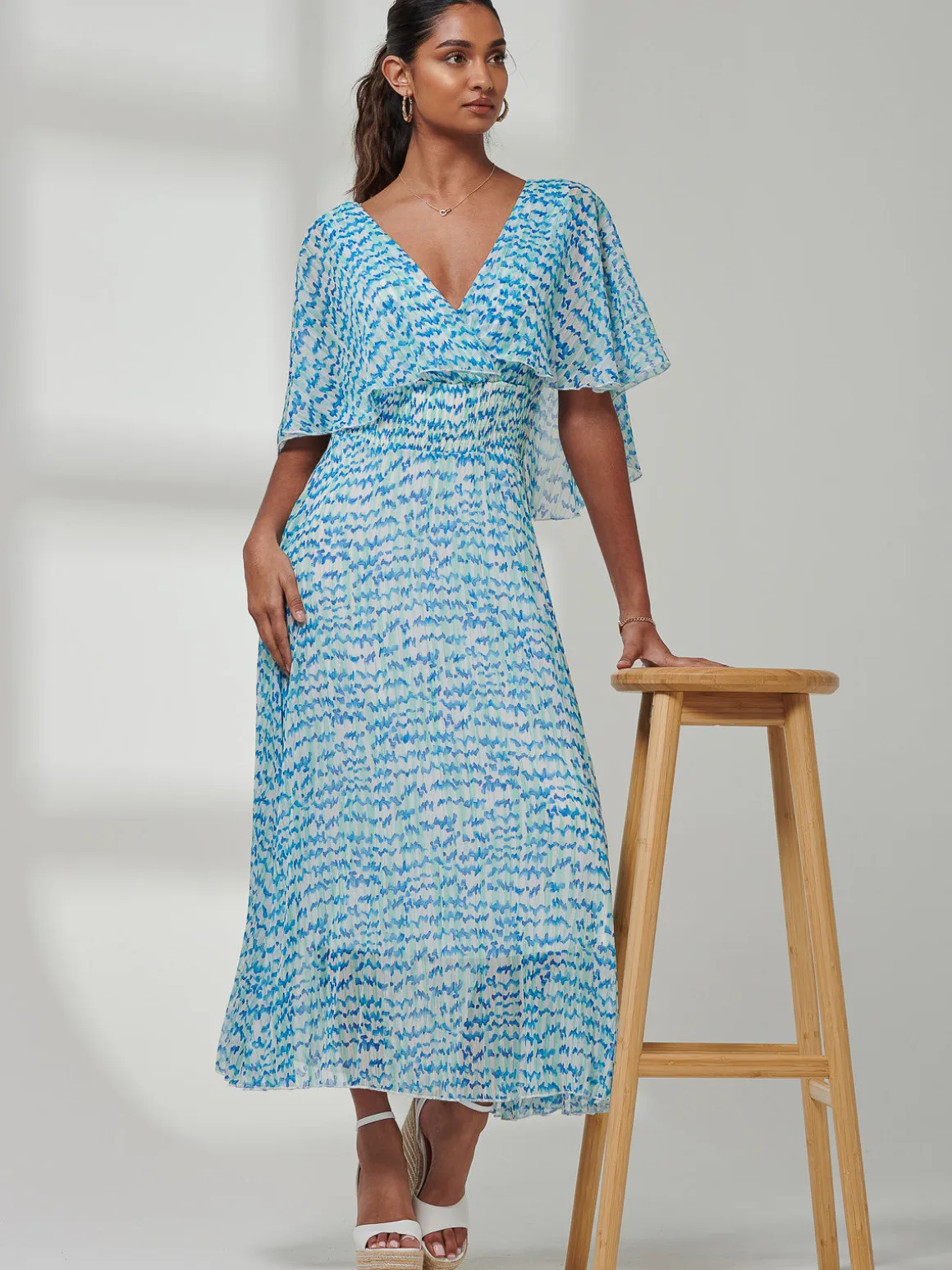 Kyra Pleated Chiffon Maxi Dress, Blue Abstract