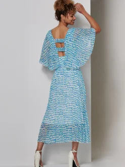 Kyra Pleated Chiffon Maxi Dress, Blue Abstract