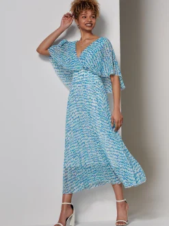 Kyra Pleated Chiffon Maxi Dress, Blue Abstract