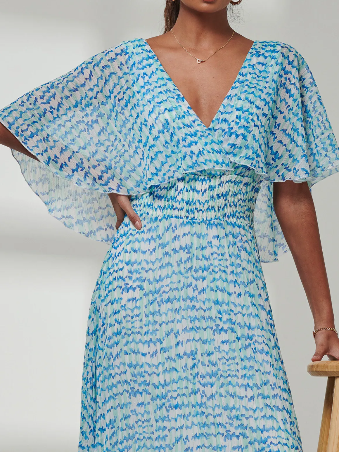 Kyra Pleated Chiffon Maxi Dress, Blue Abstract