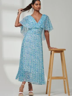 Kyra Pleated Chiffon Maxi Dress, Blue Abstract