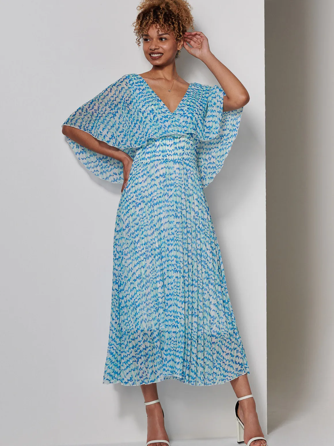 Kyra Pleated Chiffon Maxi Dress, Blue Abstract