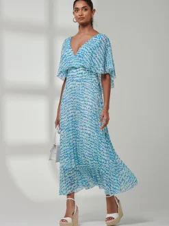 Kyra Pleated Chiffon Maxi Dress, Blue Abstract