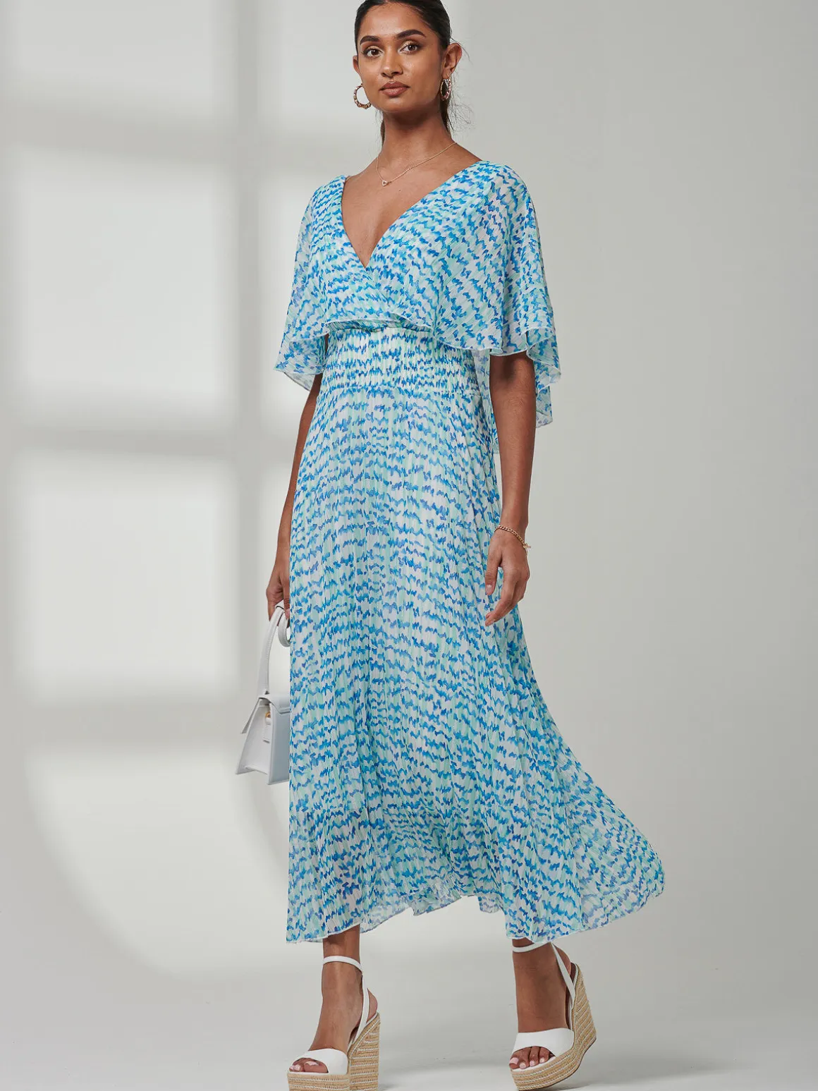 Kyra Pleated Chiffon Maxi Dress, Blue Abstract