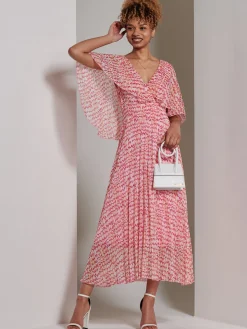 Kyra Pleated Chiffon Maxi Dress, Pink Abstract