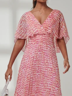 Kyra Pleated Chiffon Maxi Dress, Pink Abstract