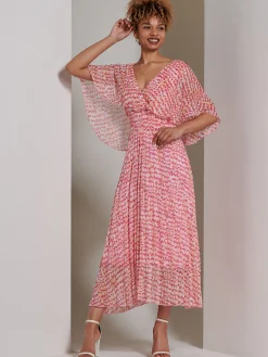 Kyra Pleated Chiffon Maxi Dress, Pink Abstract