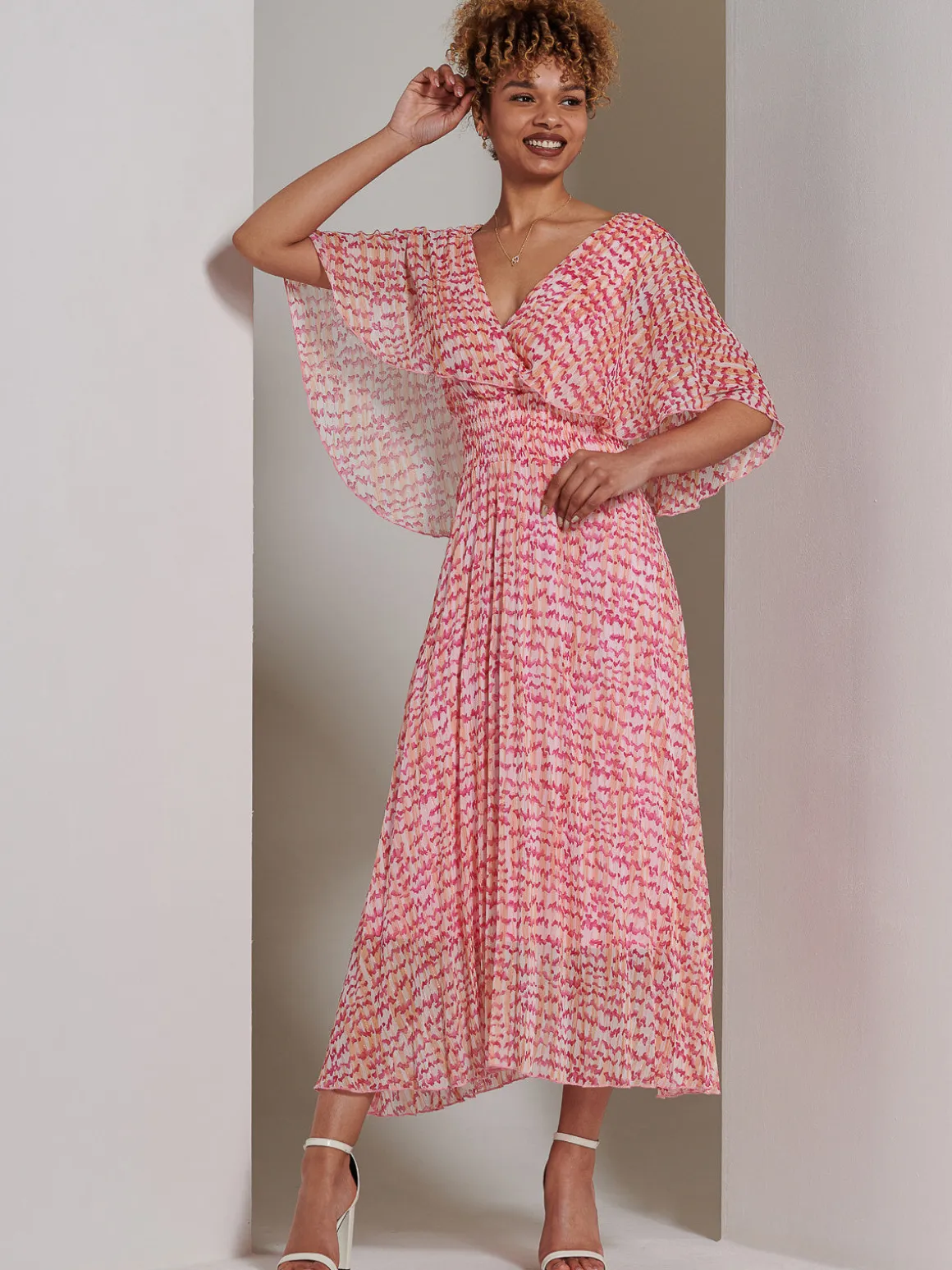 Kyra Pleated Chiffon Maxi Dress, Pink Abstract
