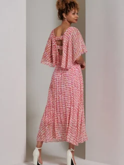 Kyra Pleated Chiffon Maxi Dress, Pink Abstract