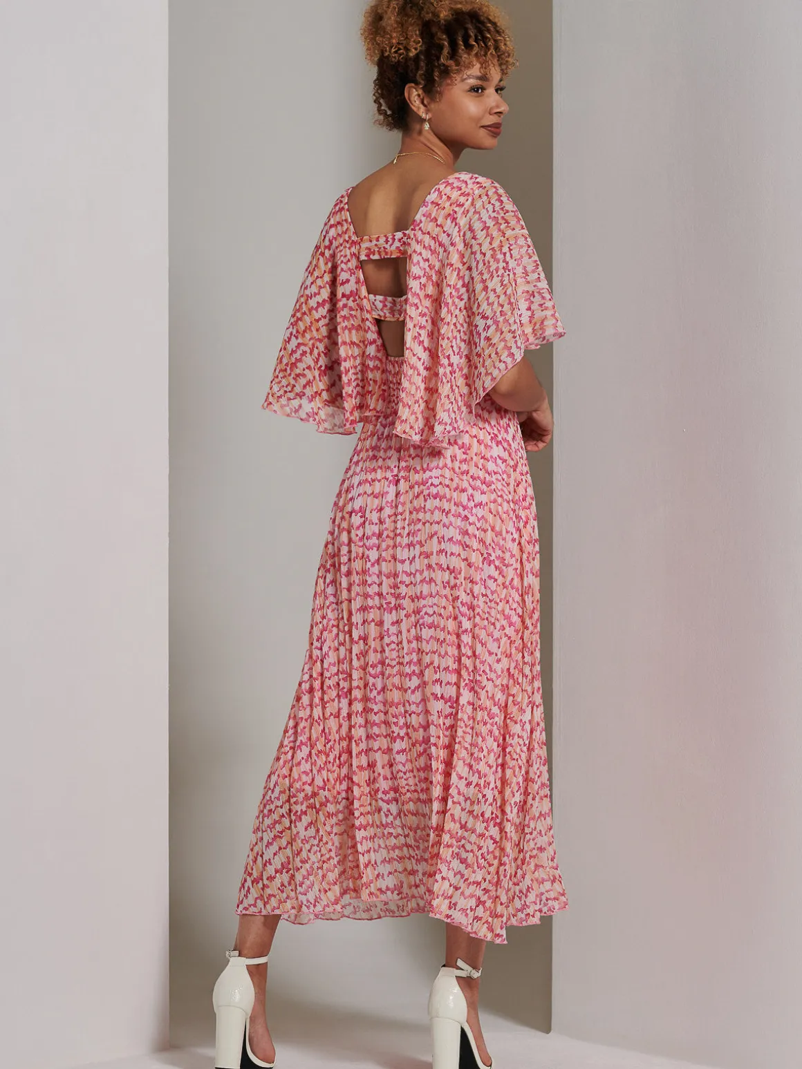Kyra Pleated Chiffon Maxi Dress, Pink Abstract