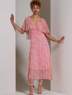 Kyra Pleated Chiffon Maxi Dress, Pink Abstract