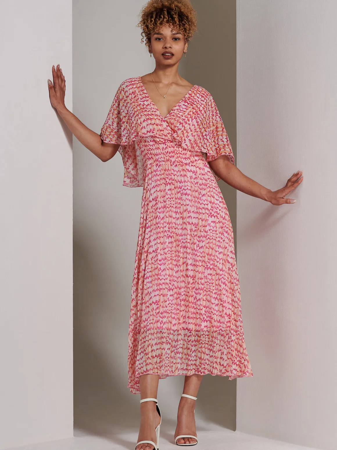 Kyra Pleated Chiffon Maxi Dress, Pink Abstract