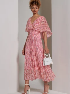 Kyra Pleated Chiffon Maxi Dress, Pink Abstract