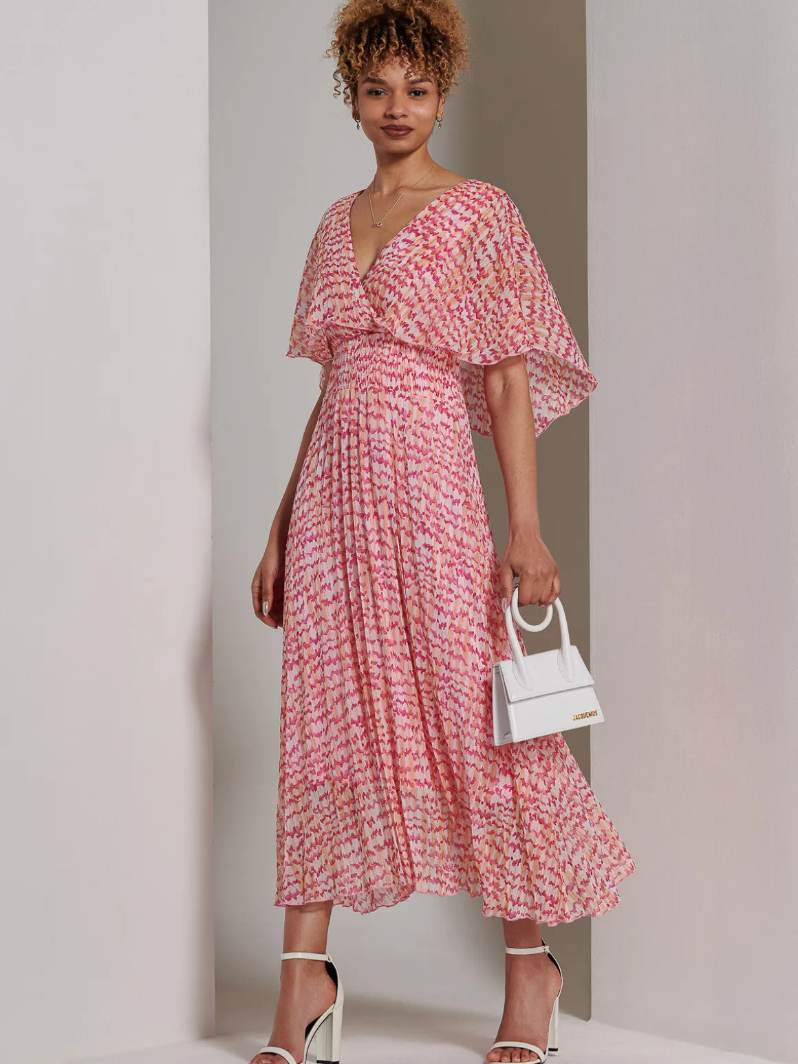 Kyra Pleated Chiffon Maxi Dress, Pink Abstract