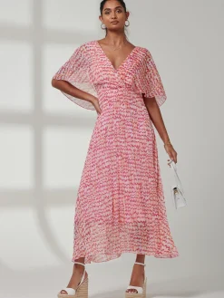 Kyra Pleated Chiffon Maxi Dress, Pink Abstract
