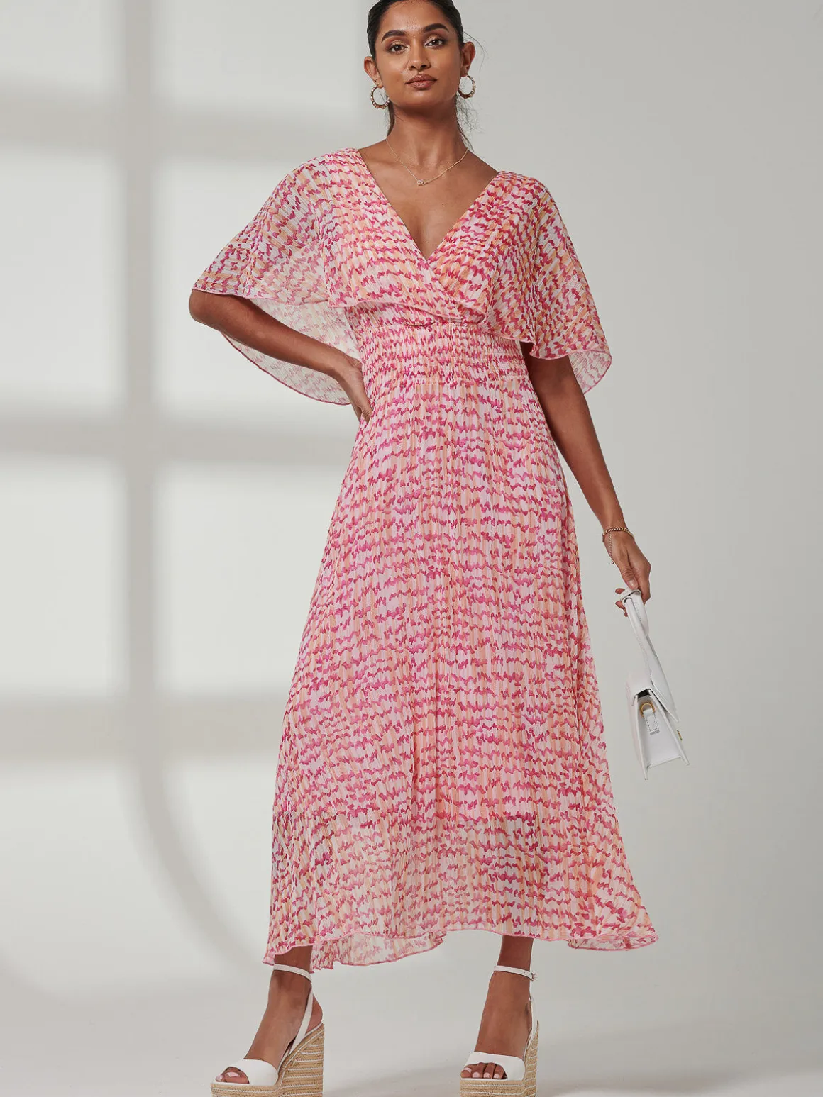 Kyra Pleated Chiffon Maxi Dress, Pink Abstract