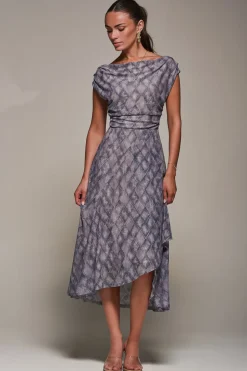 Lace Asymmetrical Draped Midaxi Dress, Purple Abstract