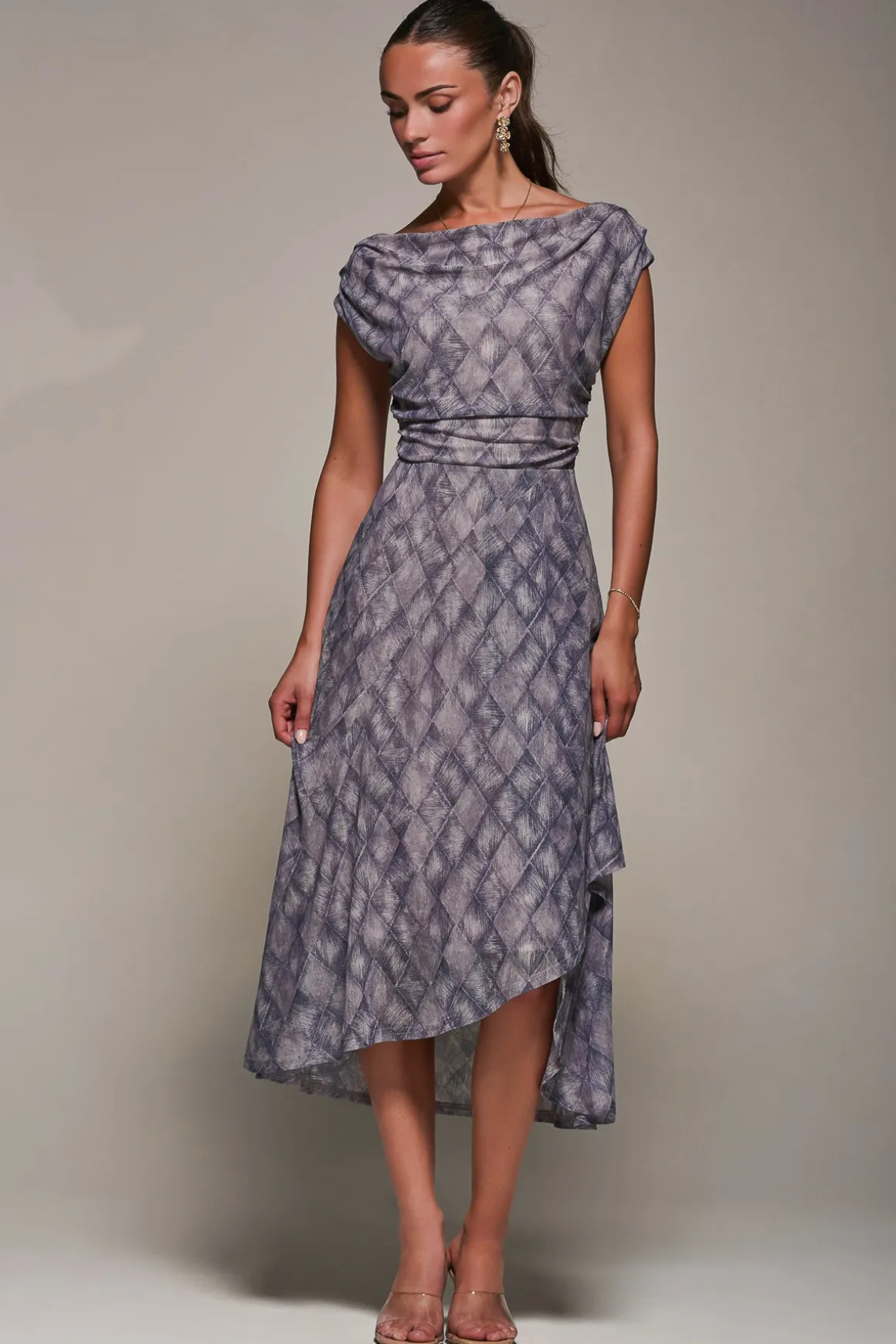 Lace Asymmetrical Draped Midaxi Dress, Purple Abstract