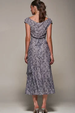 Lace Asymmetrical Draped Midaxi Dress, Purple Abstract