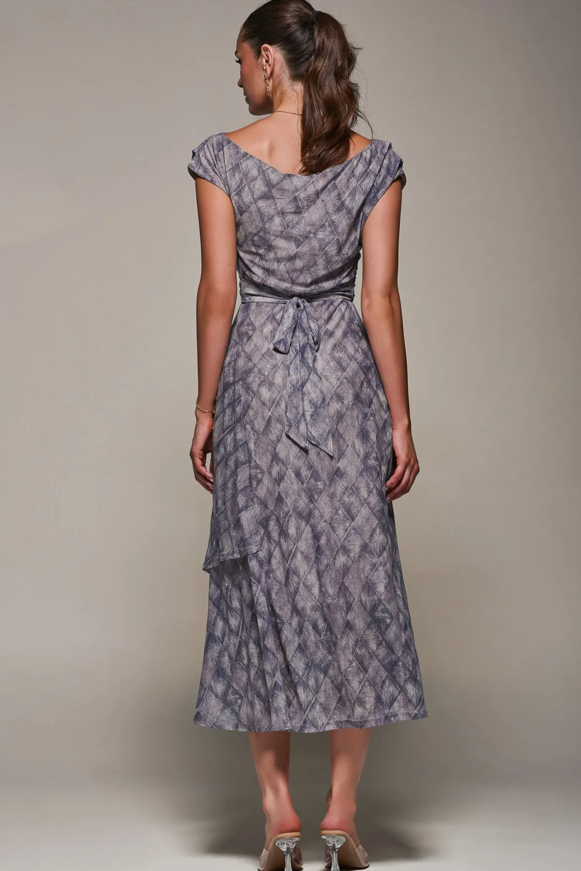 Lace Asymmetrical Draped Midaxi Dress, Purple Abstract