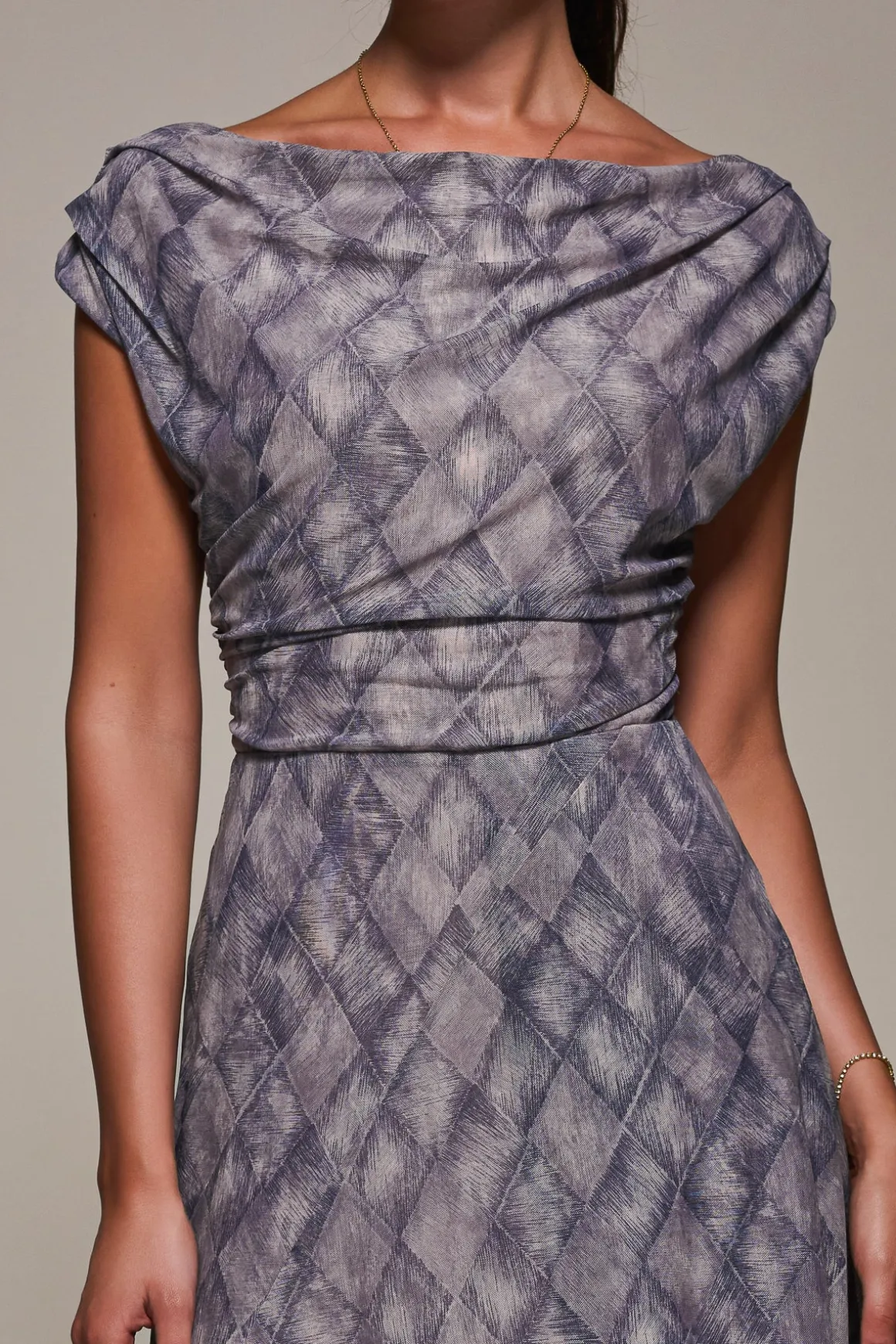 Lace Asymmetrical Draped Midaxi Dress, Purple Abstract