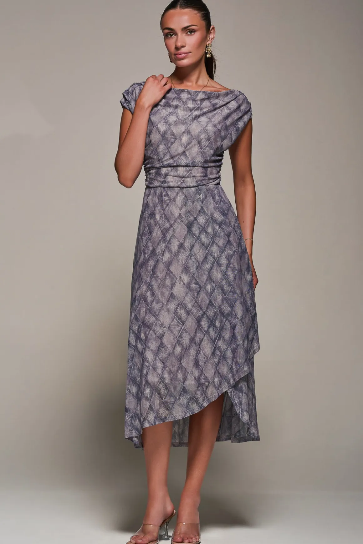 Lace Asymmetrical Draped Midaxi Dress, Purple Abstract