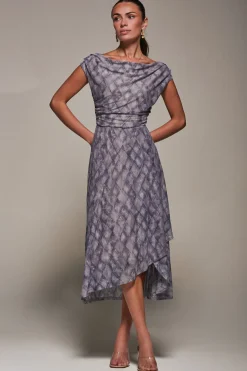 Lace Asymmetrical Draped Midaxi Dress, Purple Abstract