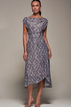 Lace Asymmetrical Draped Midaxi Dress, Purple Abstract