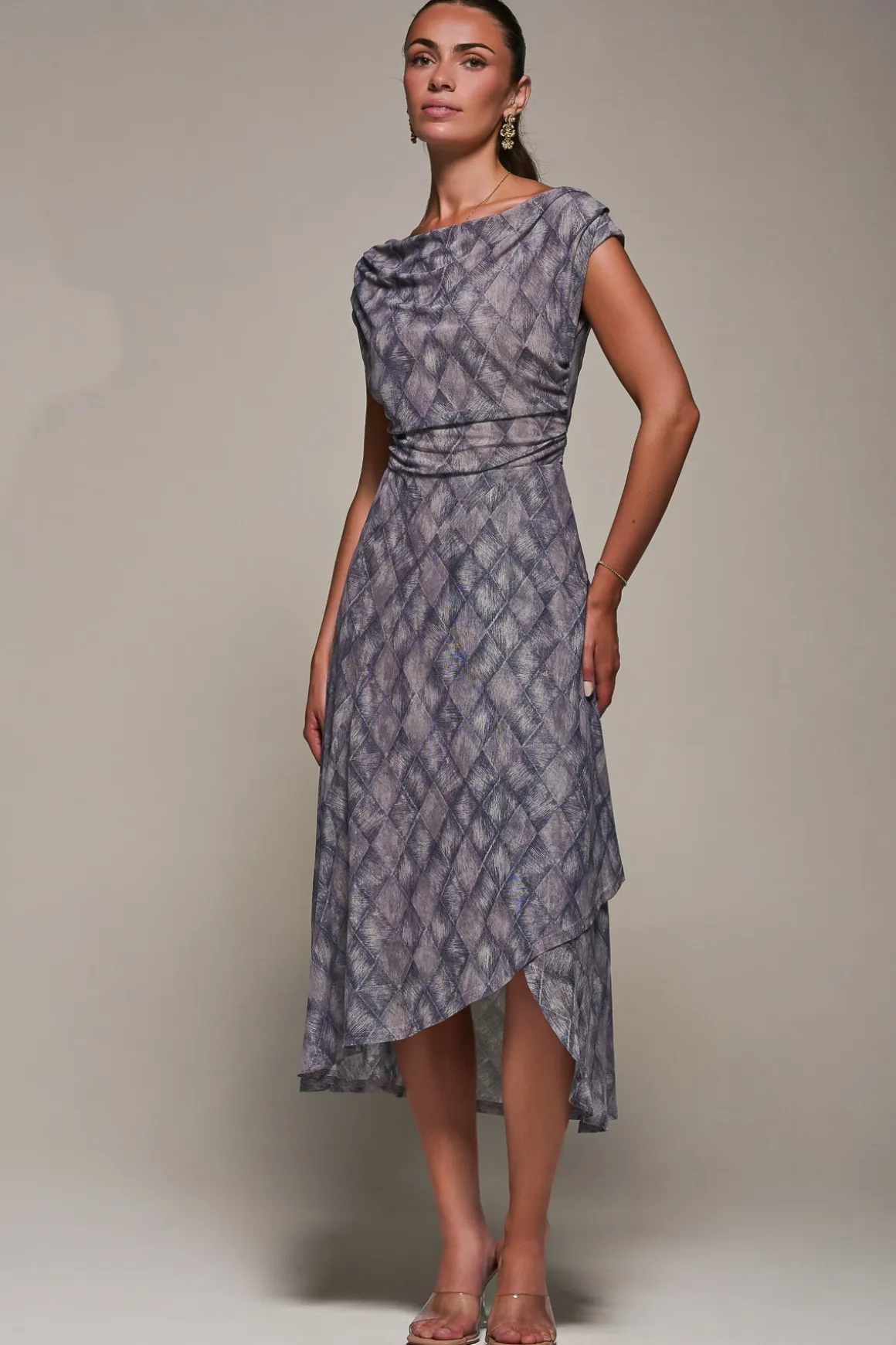 Lace Asymmetrical Draped Midaxi Dress, Purple Abstract