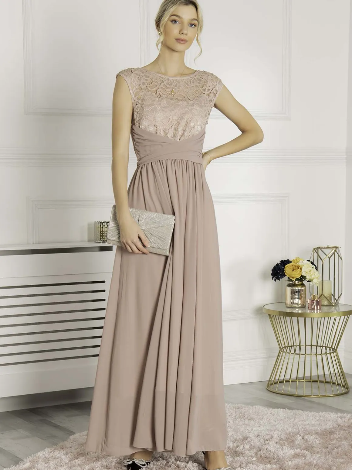 Lace Bodice Chiffon Maxi Bridesmaid Dress, Mauve