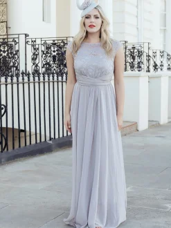 Lace Bodice Chiffon Maxi Bridesmaid Dress, Sliver Grey