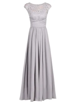 Lace Bodice Chiffon Maxi Bridesmaid Dress, Sliver Grey