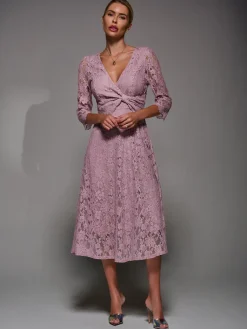 Lace Detail Long Sleeve Midi Dress, Mauve Pink