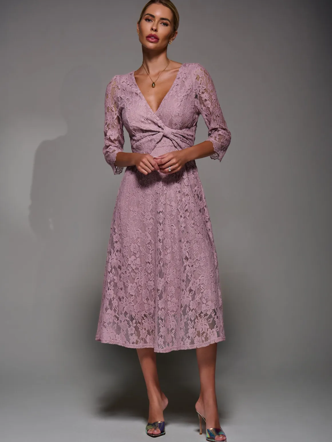 Lace Detail Long Sleeve Midi Dress, Mauve Pink
