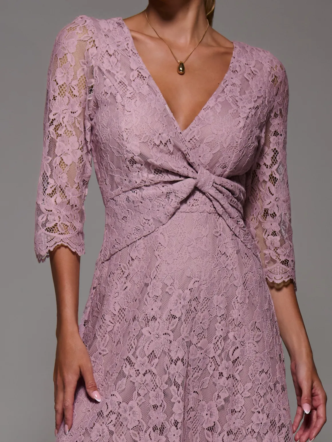 Lace Detail Long Sleeve Midi Dress, Mauve Pink