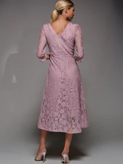 Lace Detail Long Sleeve Midi Dress, Mauve Pink