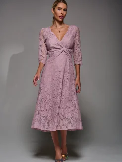 Lace Detail Long Sleeve Midi Dress, Mauve Pink
