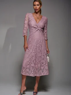 Lace Detail Long Sleeve Midi Dress, Mauve Pink
