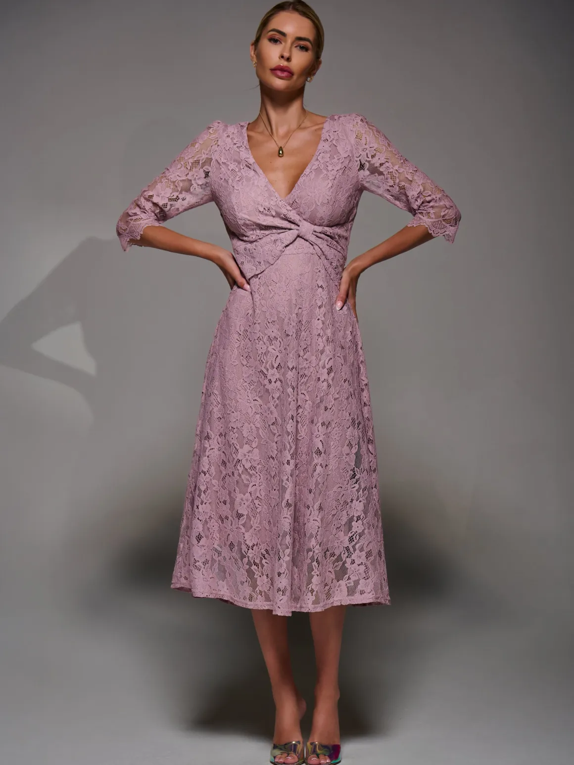 Lace Detail Long Sleeve Midi Dress, Mauve Pink