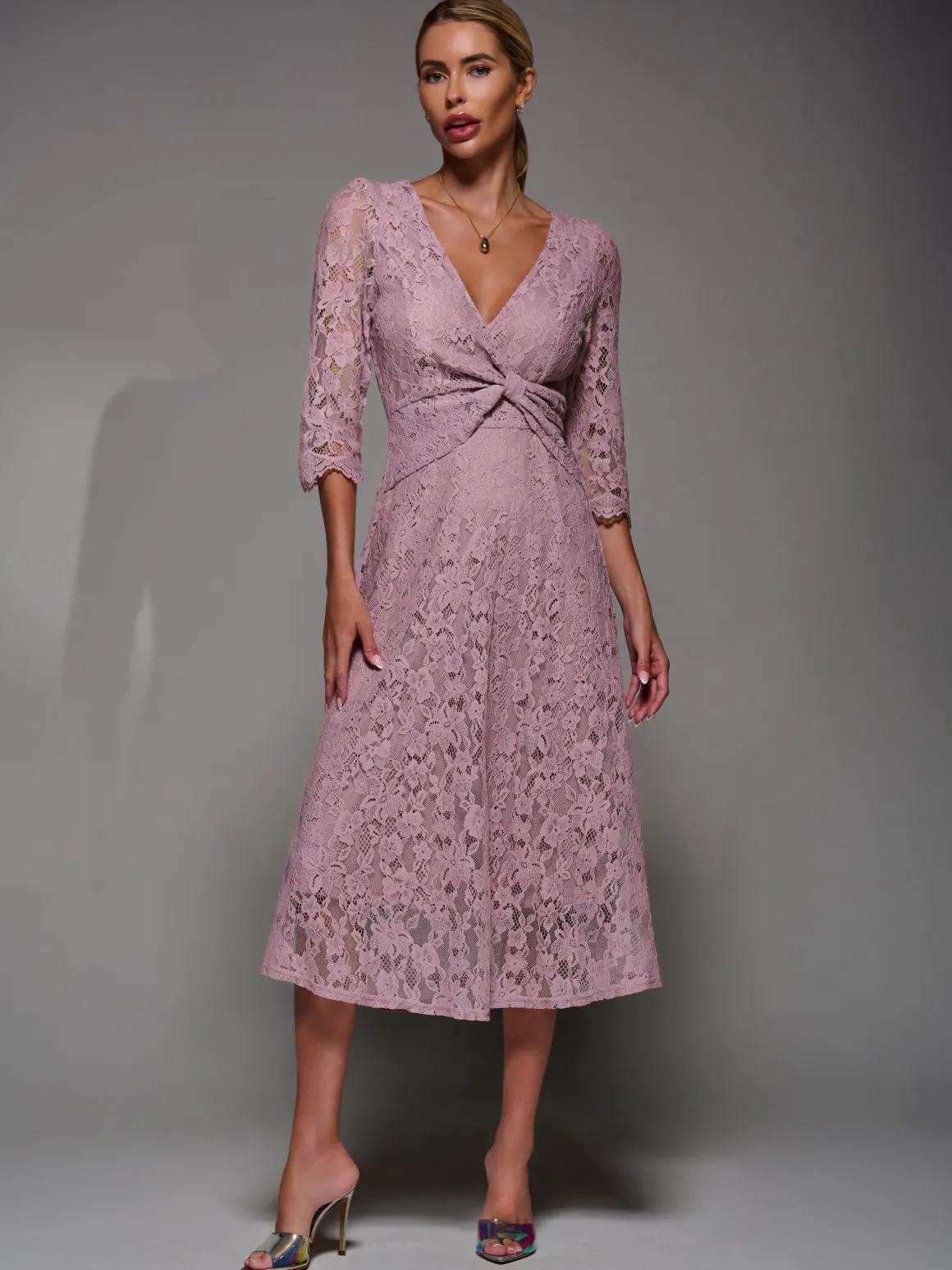 Lace Detail Long Sleeve Midi Dress, Mauve Pink